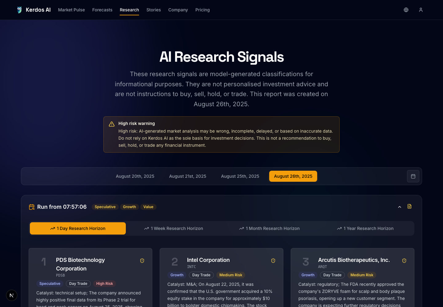 Real Kerdos AI Research Signals product screenshot showing ranked equities, risk labels, catalysts, dates, and research horizons.